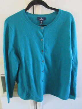 Land's End 100% Cashmere Button-Up Cardigan xl teal confetti